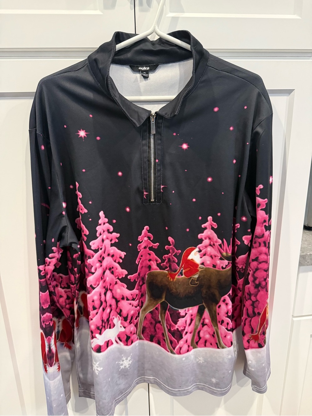 Nukui Black & Pink Holiday Moose Quarter-Zip Pullover